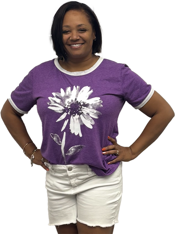 Happy Namaste Skincare &Amp; Wellness Client Wearing A Branded Purple Shirt, Showing Confidence And Positive Results From Her Treatment In Las Vegas